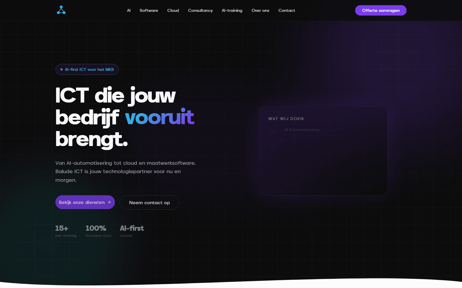 Balude website-hero: ICT die jouw bedrijf vooruit brengt, dark theme met paars en cyaan