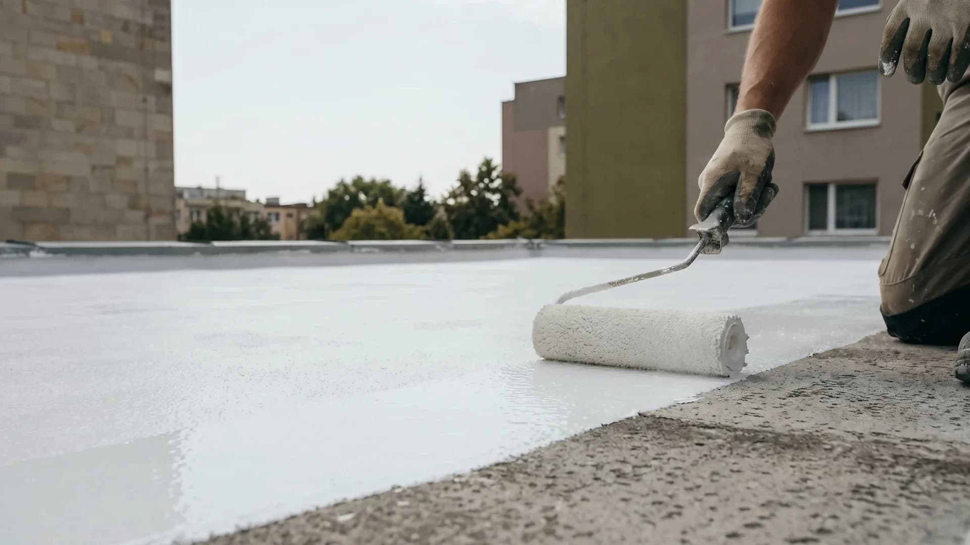 Wit siliconensysteem wordt met een roller over een plat dak uitgerold