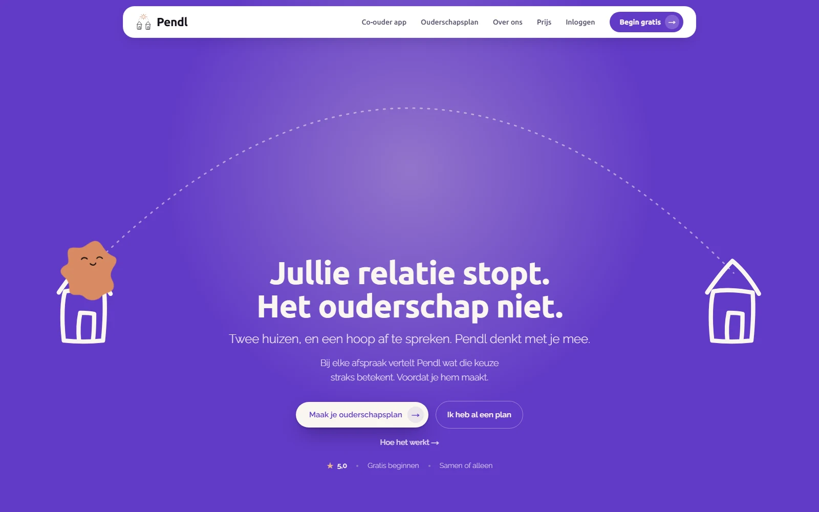 De homepage van Pendl met de kop: jullie relatie stopt, het ouderschap niet
